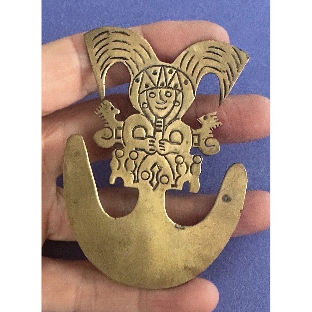 Vintage Colombian Bird Man Brass Pin Shaman Brooch Large 3" x 2.5"